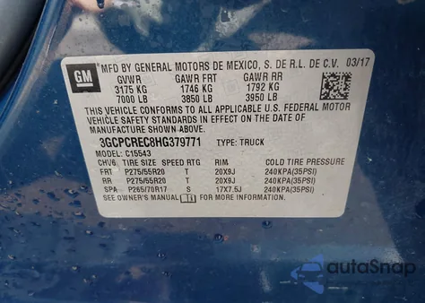 2017 Chevrolet Silverado 1500 1Lt from USA, damaged, VIN 3GCPCREC8HG379771